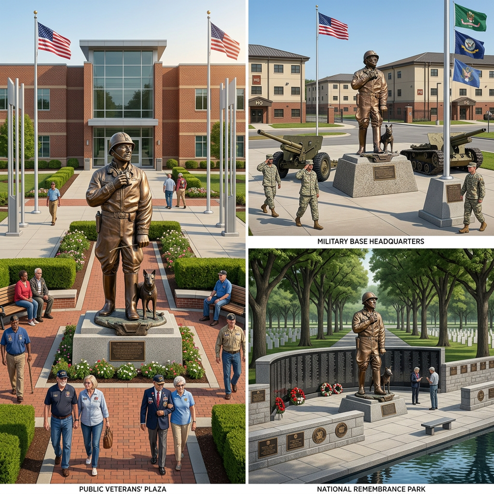Collage of a bronze statue of a soldier with a dog on a military base, including different settings.
