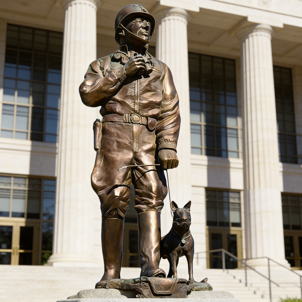 Bronze statue of a soldier with a dog in front of a building with columns
