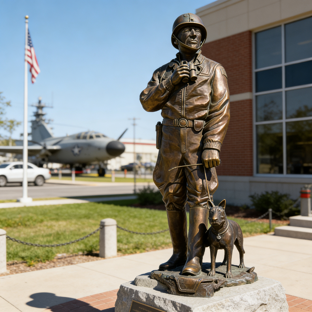 Bronze statue of a soldier with a dog in front of a building with an airplane in the background