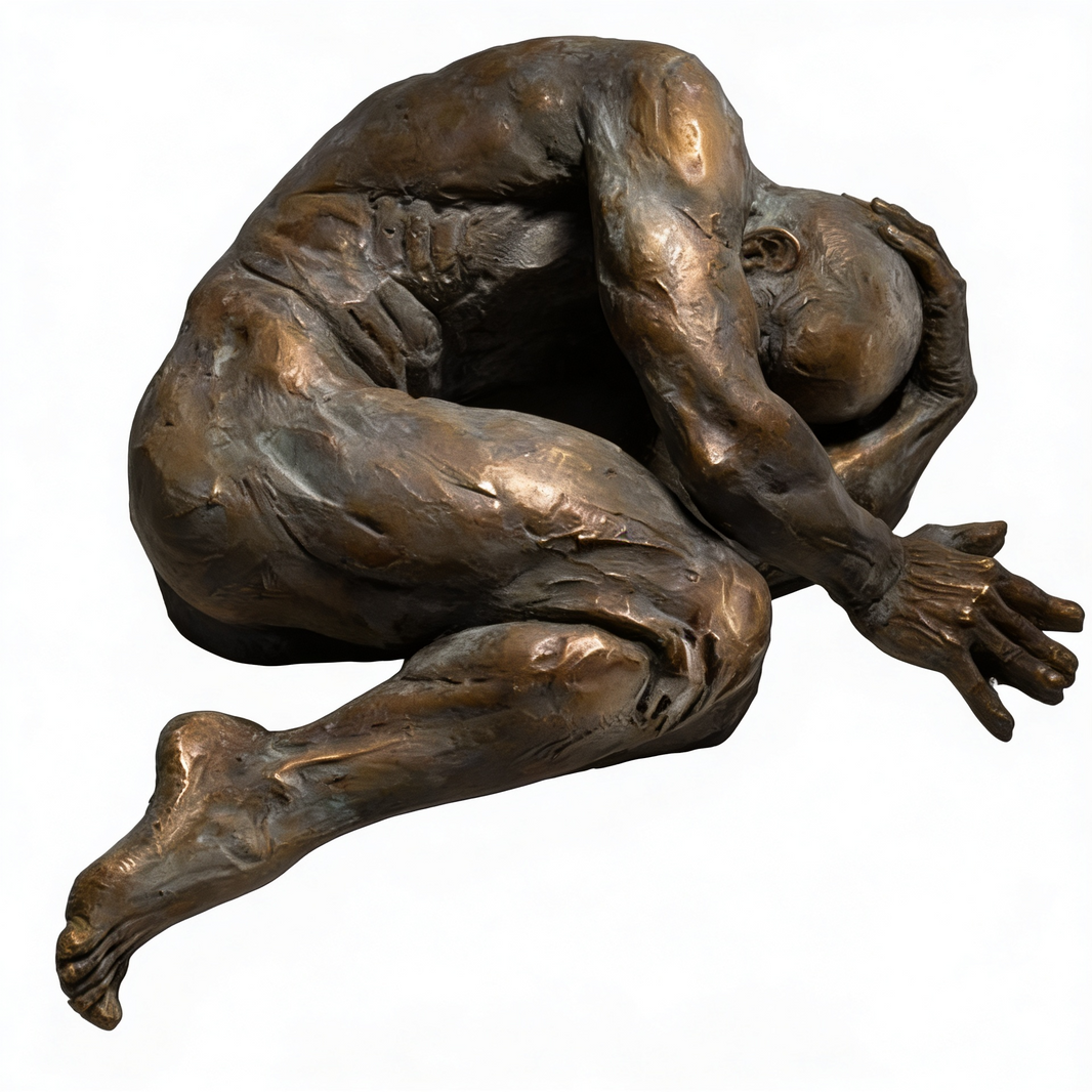 Bronze abstract sculpture of a human figure curled tightly into a fetal position