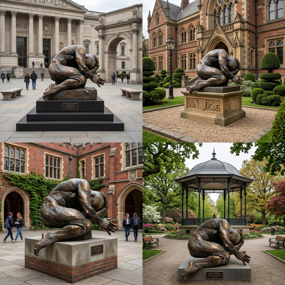 Contemporary bronze sculpture of a human figure in a fetal‑like pose with realistic body contours.