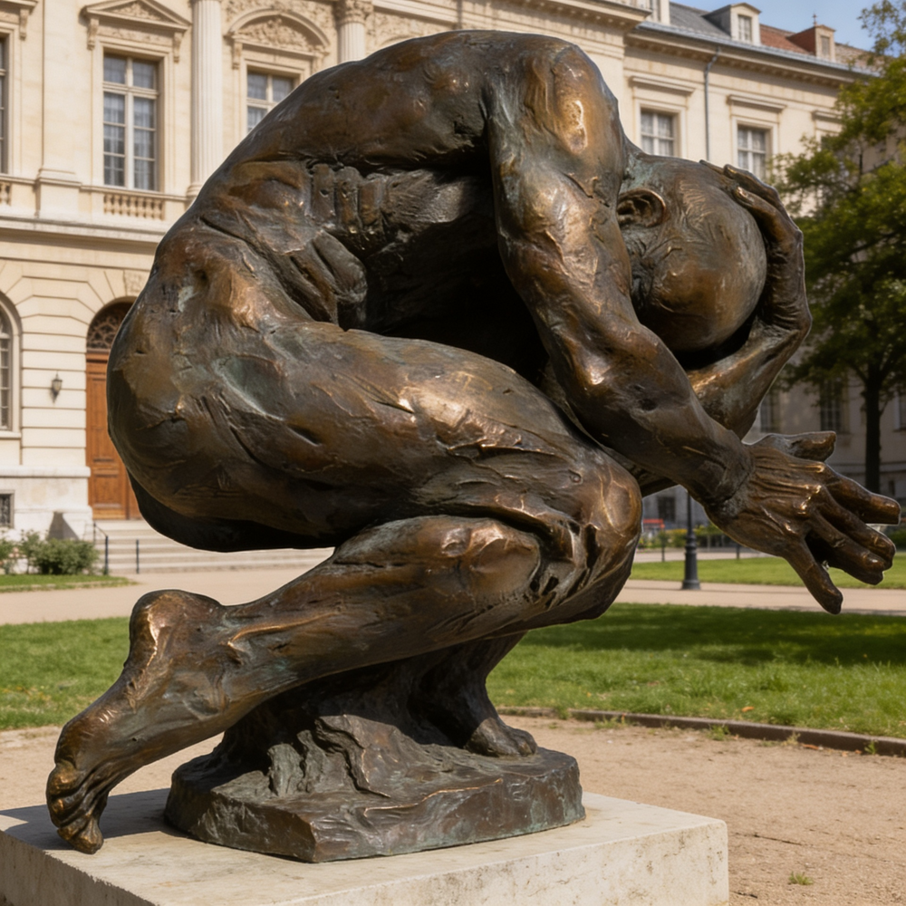 Detailed bronze figure in a compressed fetal pose with textured musculature and expressive form