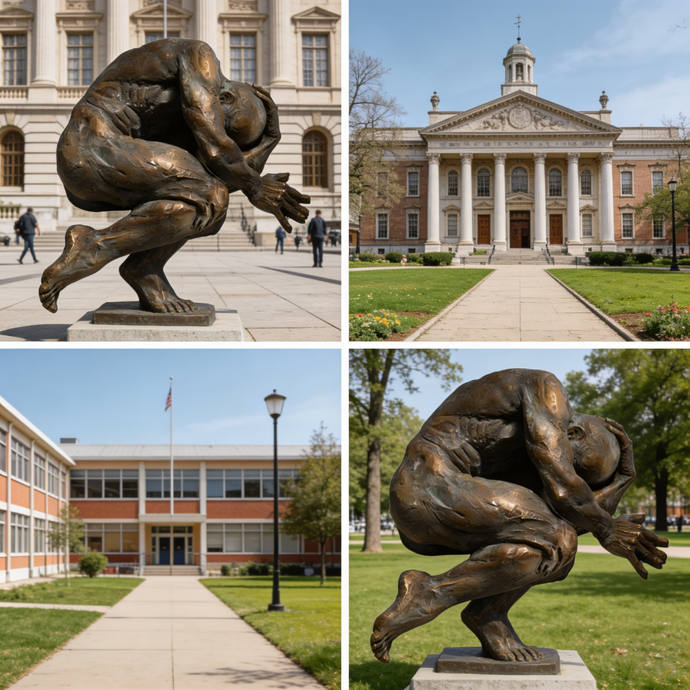 Expressive bronze sculpture depicting a human body curled into a compact, protective pose