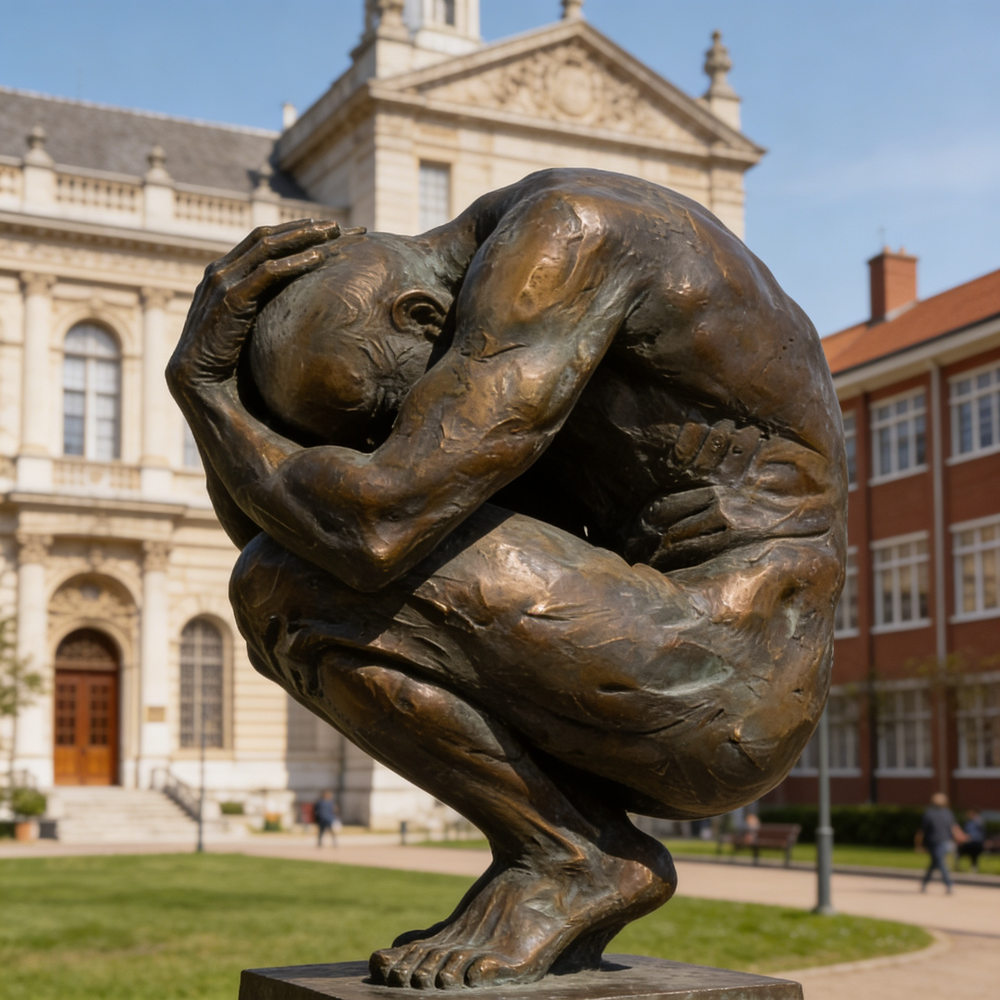 Curled human‑form bronze sculpture emphasizing tension, protection, and emotional intensity
