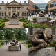 Bronze artwork of a tightly curled body form, emphasizing tension and introspective energy