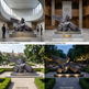 Collage of a sculpture in different settings: museum interior, government building foyer, public park during the day, and at night.