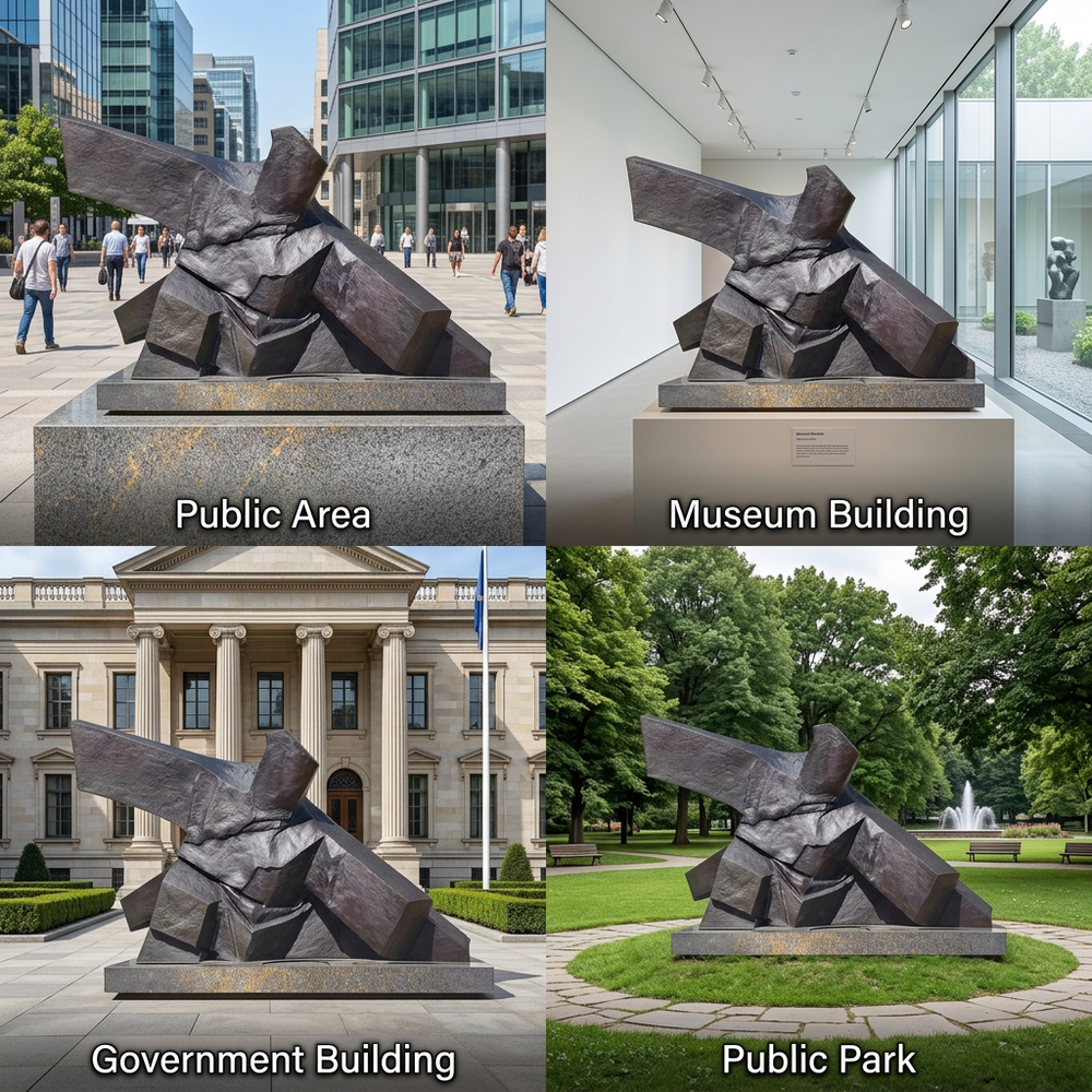 Collage of a sculpture in various locations: public area, museum building, government building, and public park.
Contemporary dark‑metal artwork with layered geometric elements and rough hammered texture