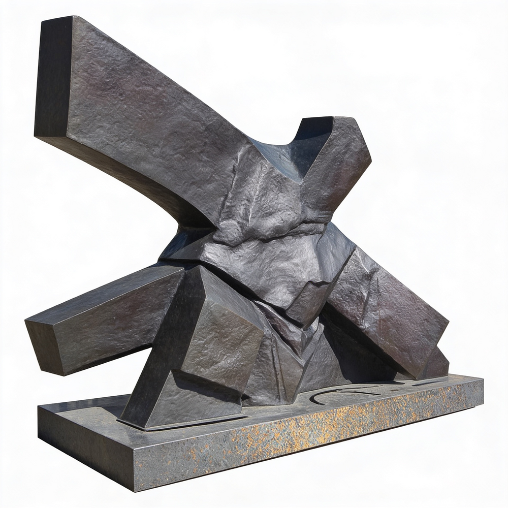 Industrial‑style abstract sculpture made of angular metal forms and bold intersecting lines