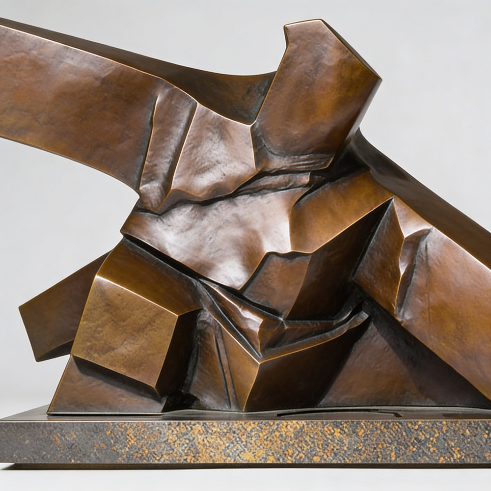 Textured metal sculpture with angular geometric shapes and contemporary abstract design