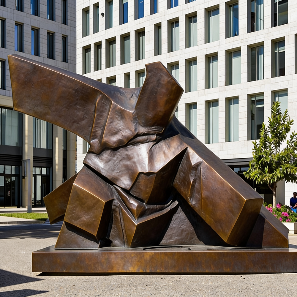 Modern geometric metal sculpture with sharp edges and sculptural depth.