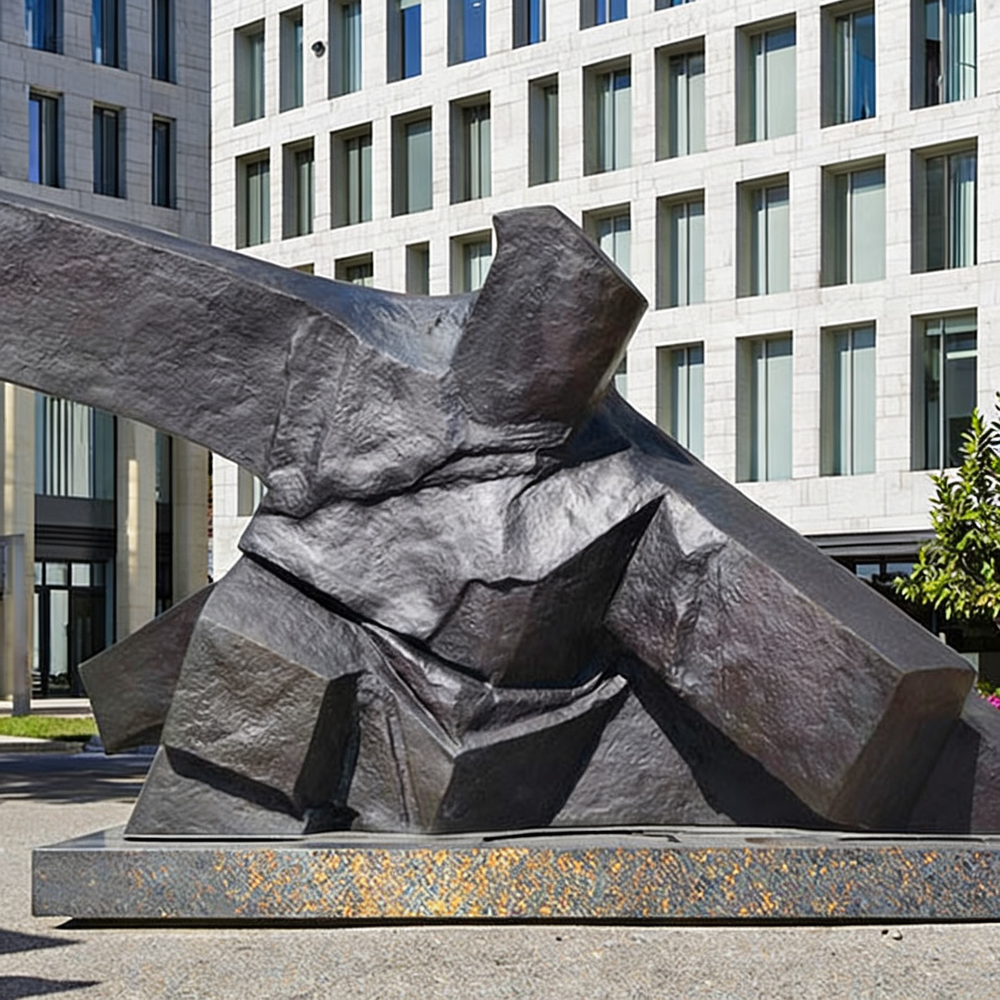 Textured metallic sculpture featuring sharp planes and dynamic modern abstract shapes