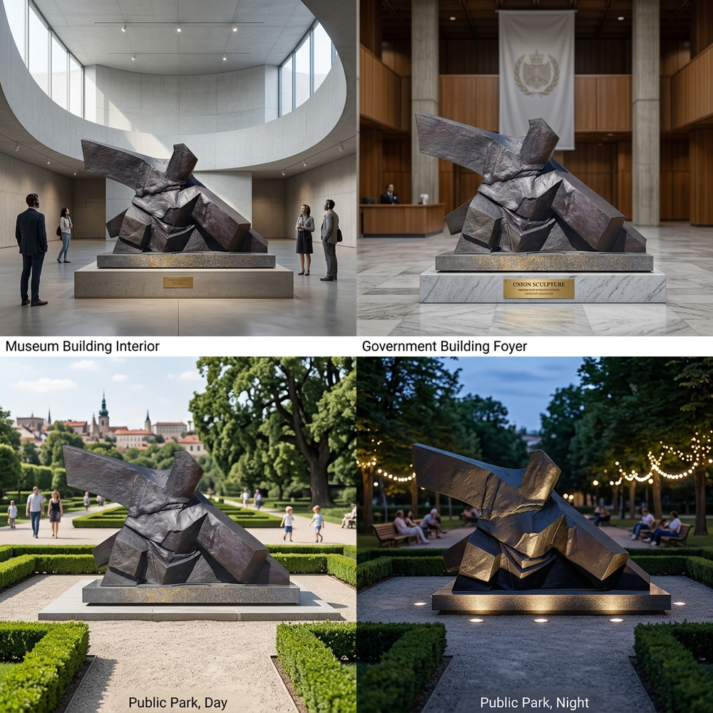 Dark metal abstract sculpture with bold angular shapes and architectural composition