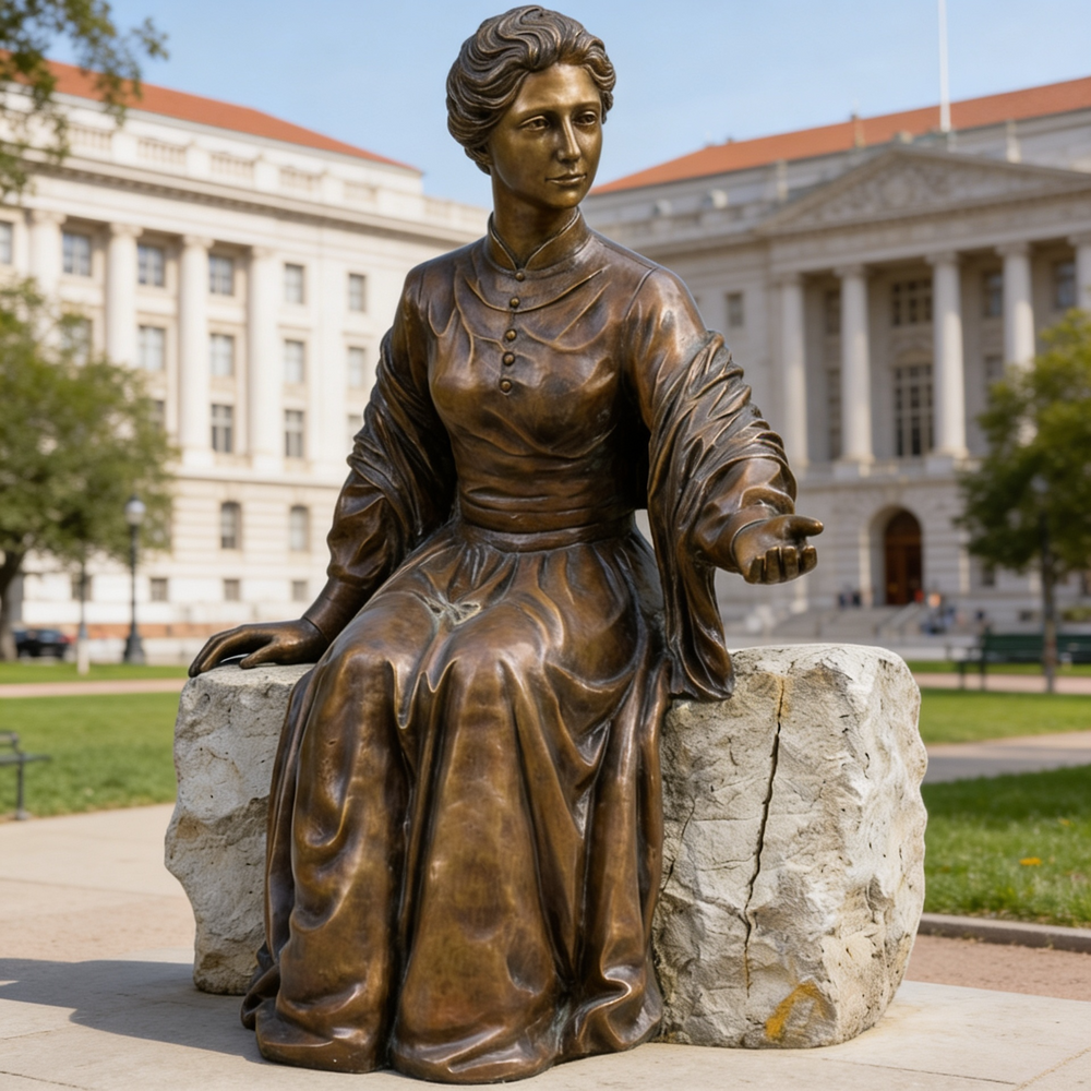 Sculpture of Catherine McAuley in a seated pose with finely crafted clothing details