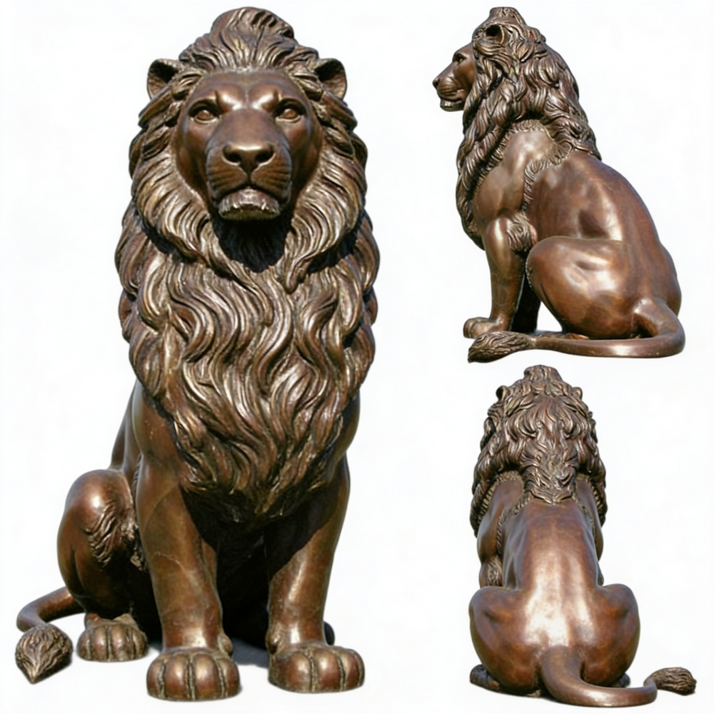 Artistic bronze lion sculpture with realistic body proportions and a commanding presence