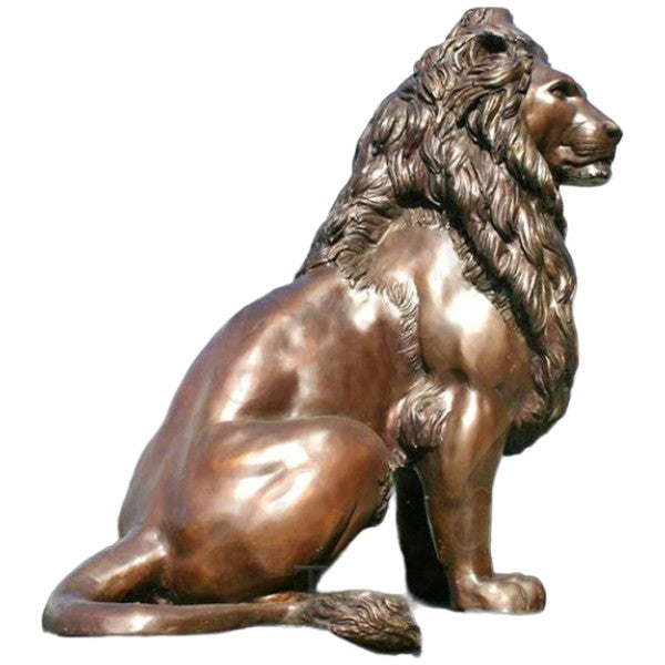 Bronze statue of a seated lion, crafted with attention to anatomical detail and regal expression
