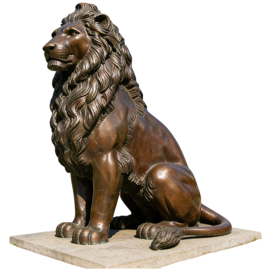 Bronze sculpture of a seated lion with a detailed mane and strong muscular body.