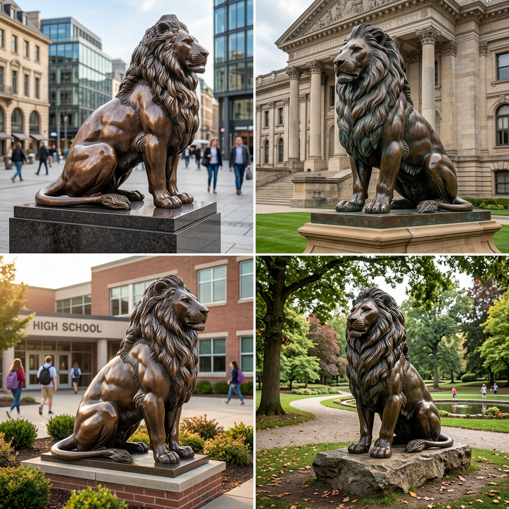 Detailed bronze sculpture of a lion sitting proudly with a textured mane and defined features