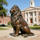Bronze lion statue in front of a large building with columns