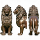 Bronze lion statue with curled tail, upright pose, and finely sculpted mane.