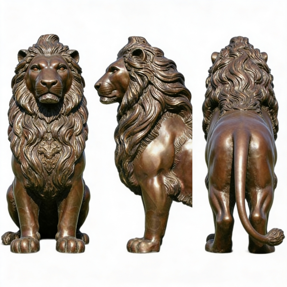 Bronze lion statue with curled tail, upright pose, and finely sculpted mane.