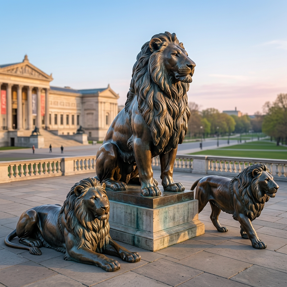 Bronze lion statues in front of a classical building
Seated lion artwork cast in bronze, showcasing lifelike anatomy and expressive posture