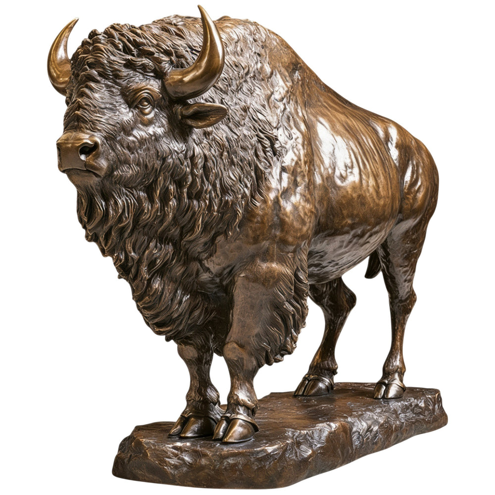 Bronze statue of a bison on a white background