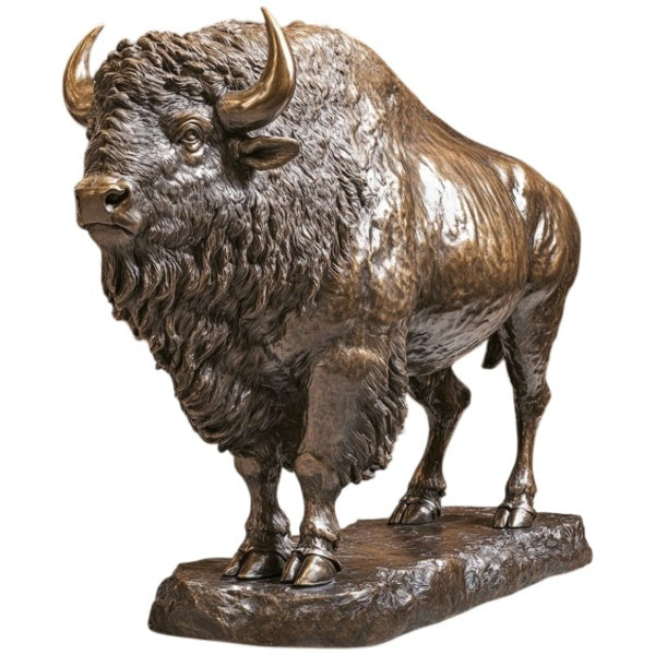 Bronze statue of a bison on a white background