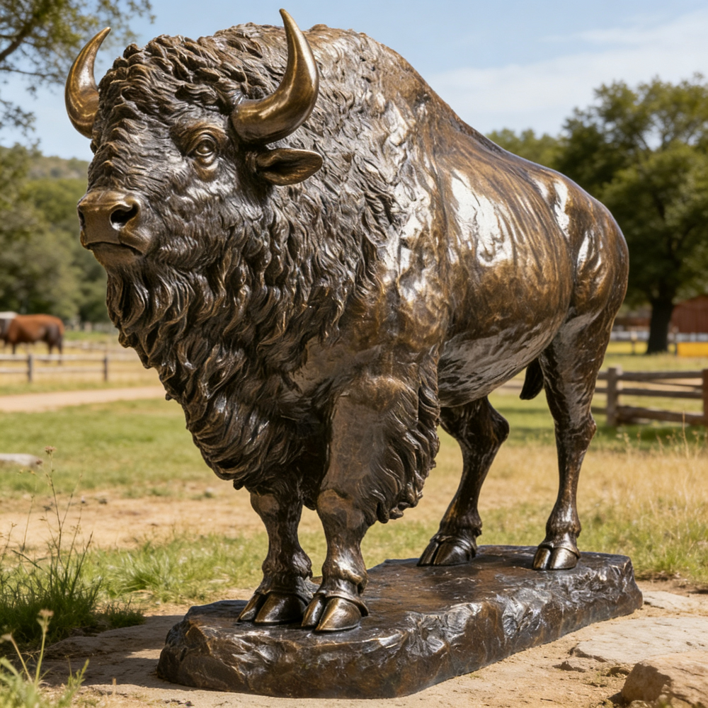Bronze statue of a bison in an outdoor setting with trees and grass.