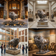 Collage of a large bronze statue of a bison in various indoor settings.
