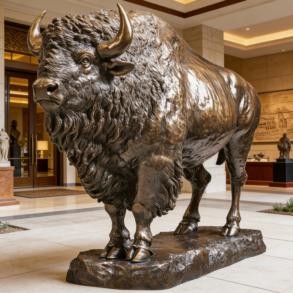 Bronze statue of a bison in an indoor setting with a polished floor and wall art.