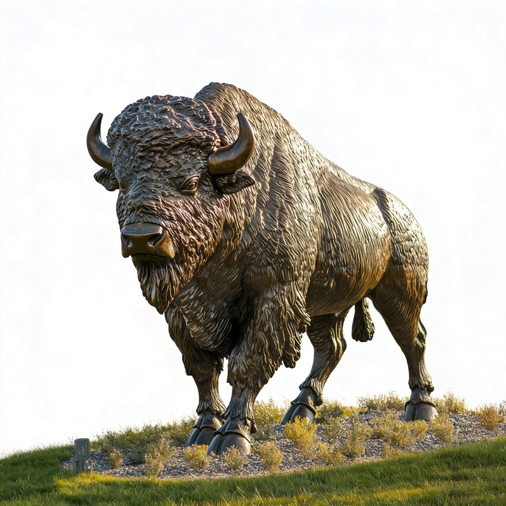 Bronze statue of a bison on a grassy hill with a clear sky.