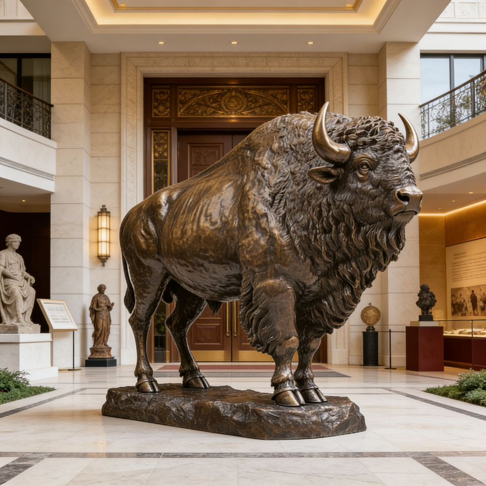 Bronze statue of a bison in an elegant indoor setting with columns and art on the walls.