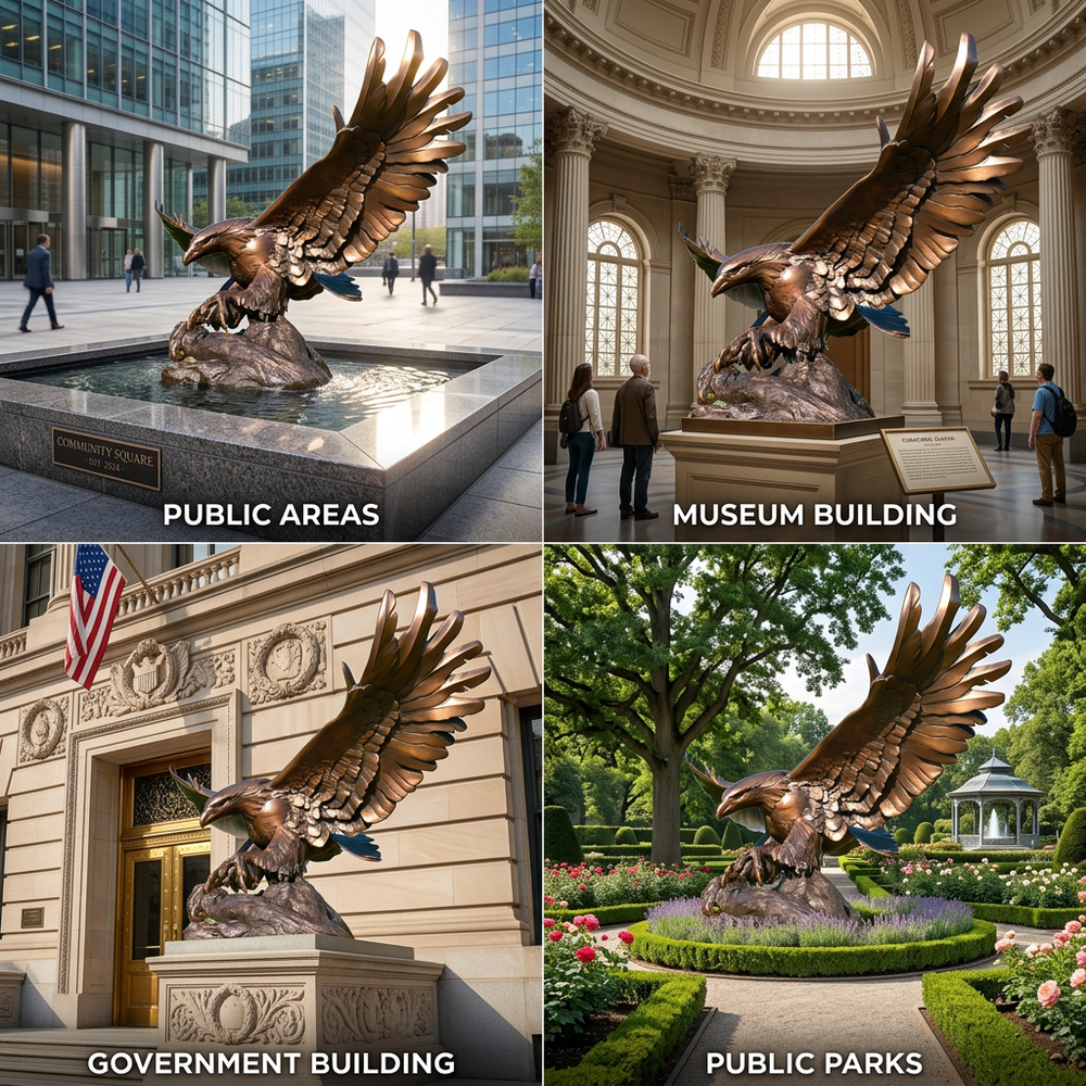Bronze eagle statue in various locations including public areas, a museum building, a government building, and public parks.