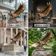Collage of a bronze eagle statue in different settings: public area, museum exhibit, government building, and public park.
Detailed metal eagle artwork with outstretched wings and textured feathers