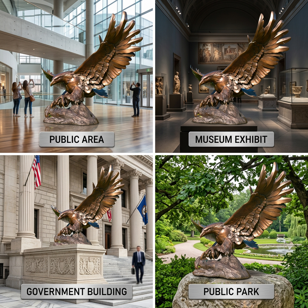 Collage of a bronze eagle statue in different settings: public area, museum exhibit, government building, and public park.
Detailed metal eagle artwork with outstretched wings and textured feathers