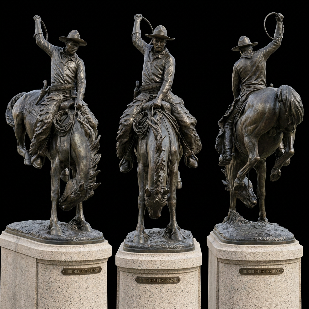Western‑themed bronze sculpture featuring a cowboy on a bucking horse with flowing movement