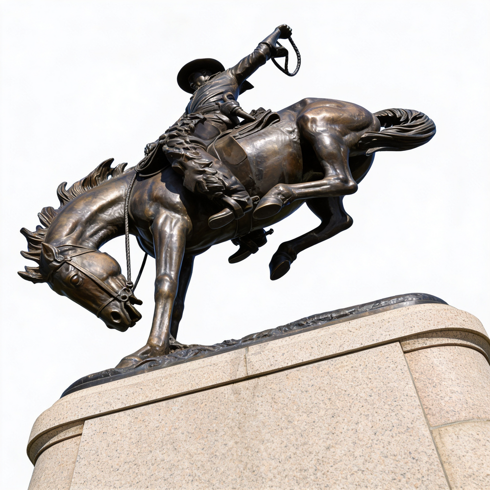 Bronze artwork of a cowboy gripping reins while riding a powerful bucking horse.