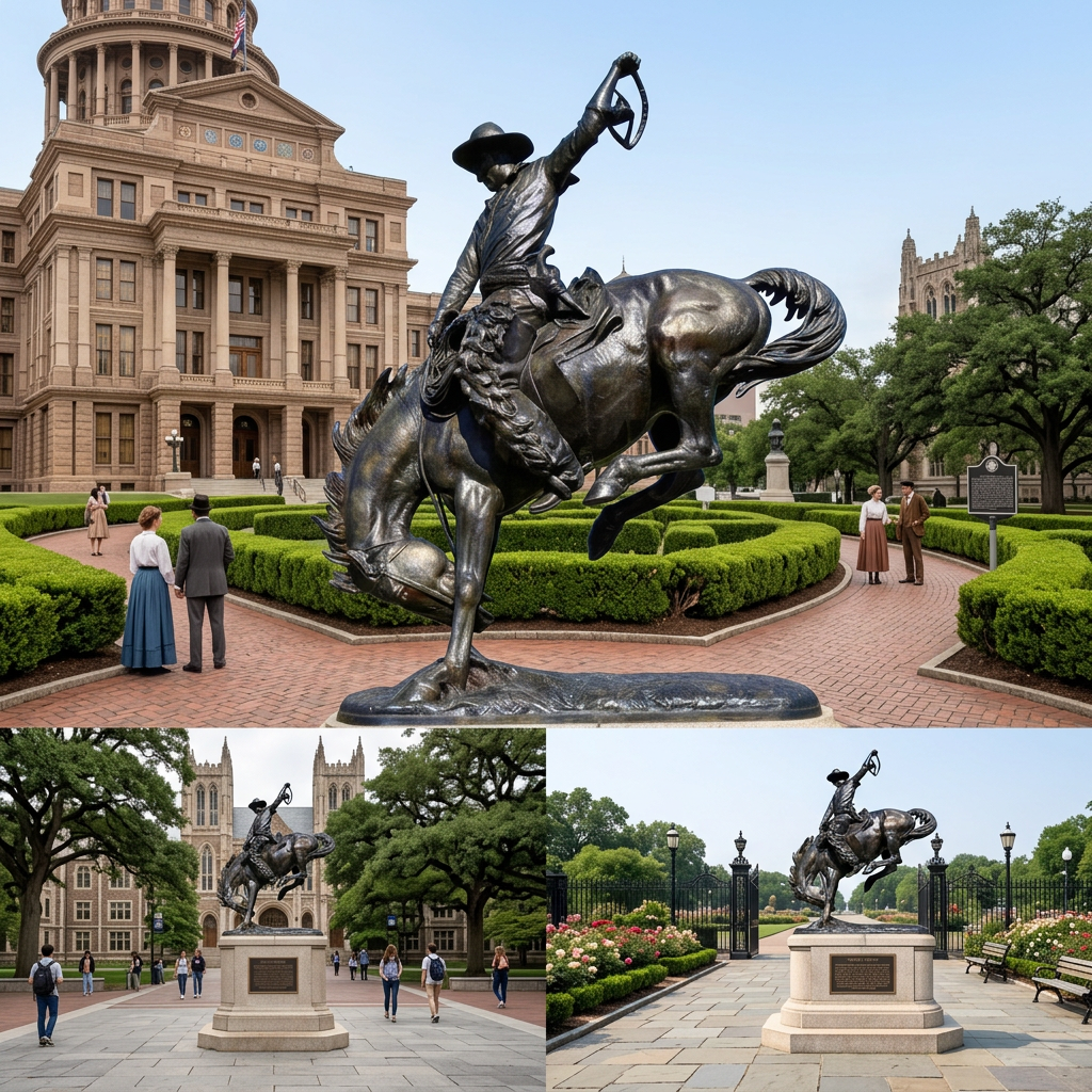 Dynamic bronze statue of a cowboy atop a rearing horse, capturing motion and rodeo energy.
