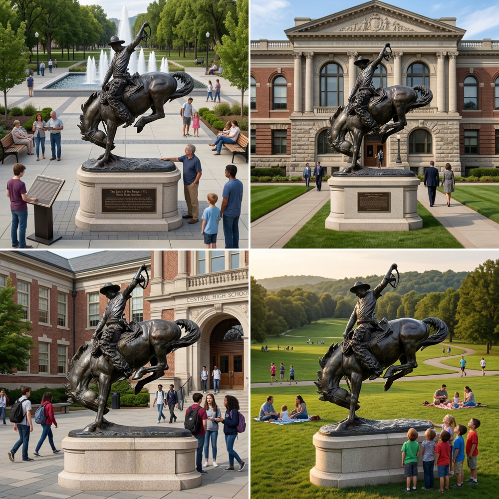 Sculpted bronze cowboy on a rearing horse, emphasizing frontier spirit and rugged motion