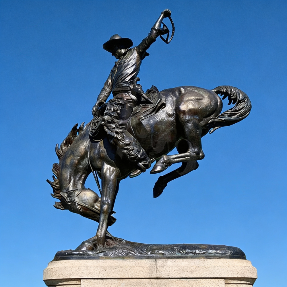 Bronze artwork of a cowboy gripping reins while riding a powerful bucking horse