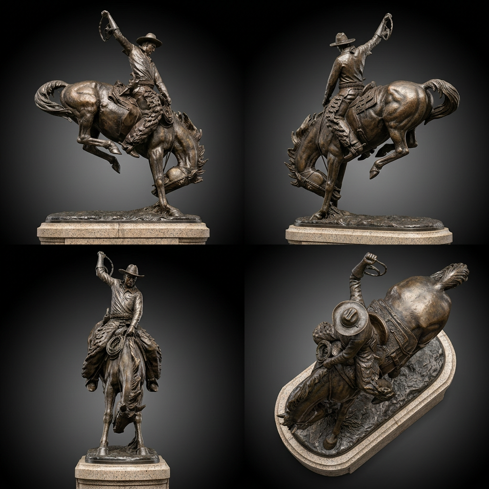 Western‑themed bronze sculpture featuring a cowboy on a bucking horse with flowing movement.