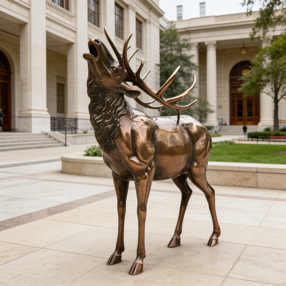 Bronze elk statue in front of a large building with columns
Wildlife parks, museums, and educational institutions