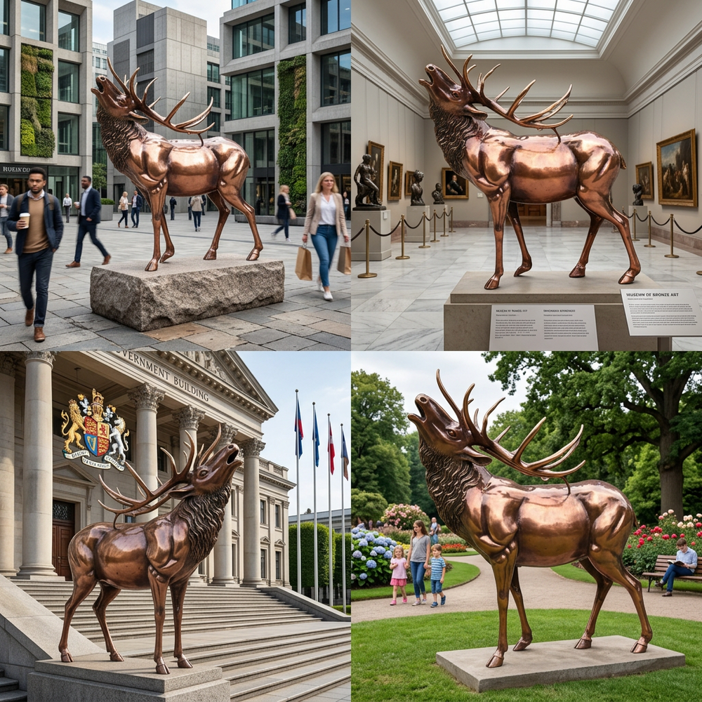 Collage of a large bronze moose sculpture in various settings including a city street, museum, and park.
Public plazas, cultural centers, and community installations