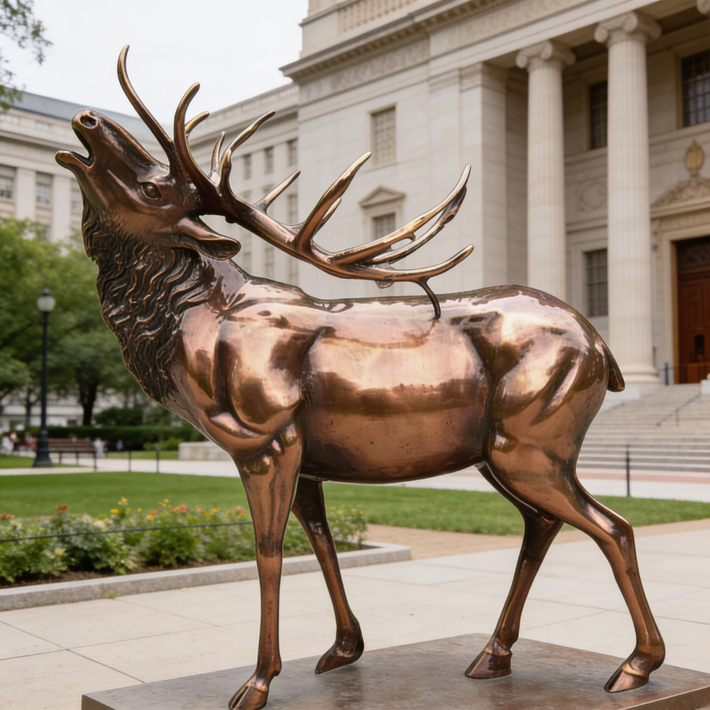 Bronze elk statue in front of a large building with columns
Outdoor gardens, patios, and landscaped walkways