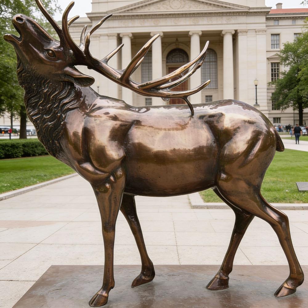 Bronze elk statue in front of a large building with columns
Art galleries and contemporary exhibitions
