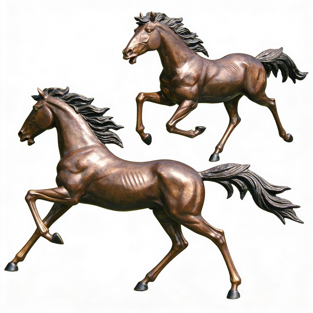 Realistic bronze equine sculptures showing two horses running with expressive posture