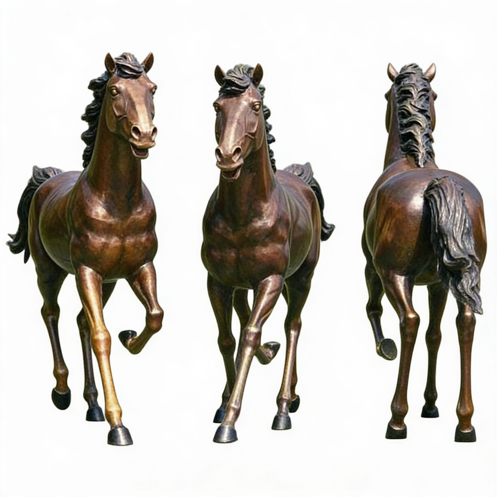 Bronze galloping horse artwork with defined muscles, raised legs, and dramatic movement