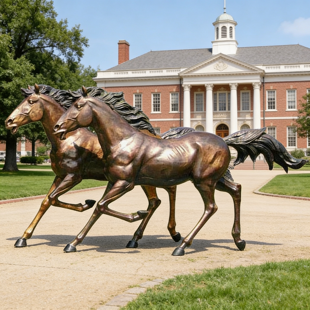 Bronze statues of two horses running in front of a brick building with columns.
