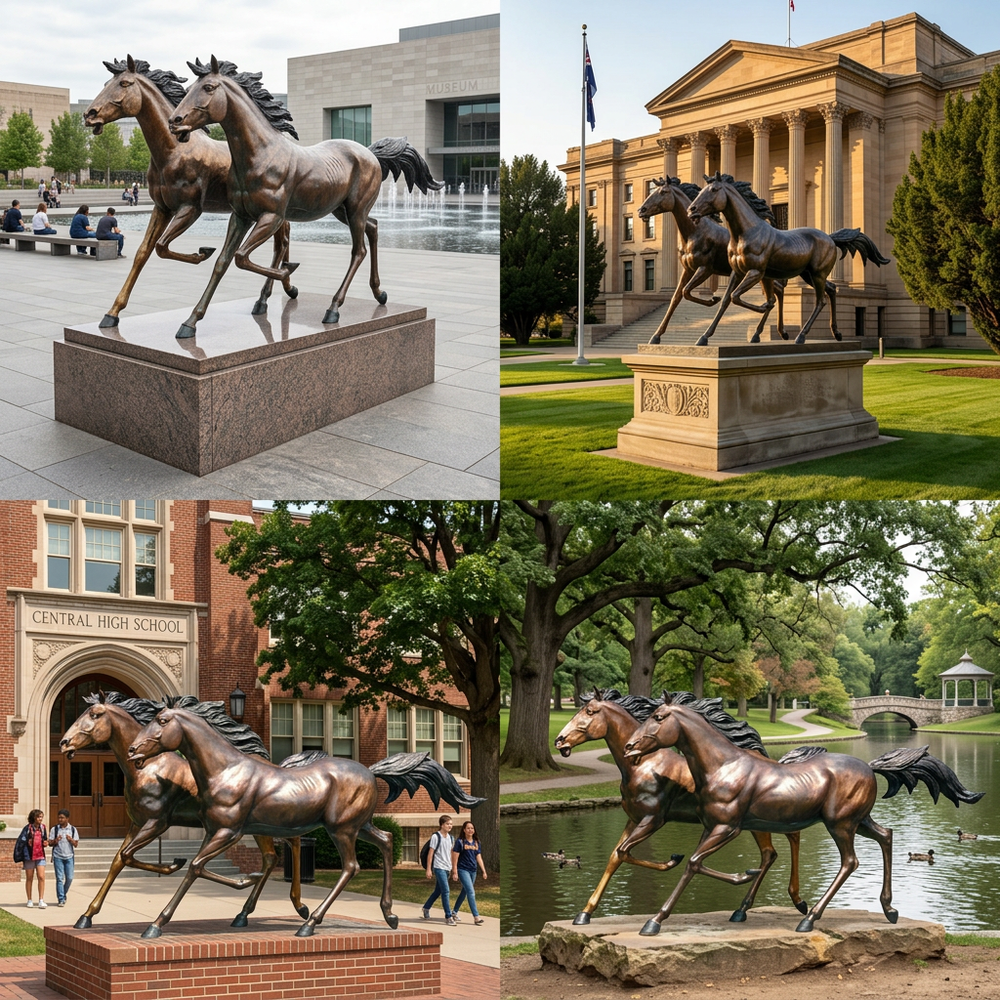 Collage of a bronze sculpture of three horses running in front of different buildings.