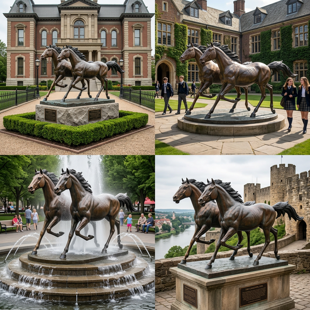 Artistic bronze horse sculptures with powerful stride and detailed craftsmanship